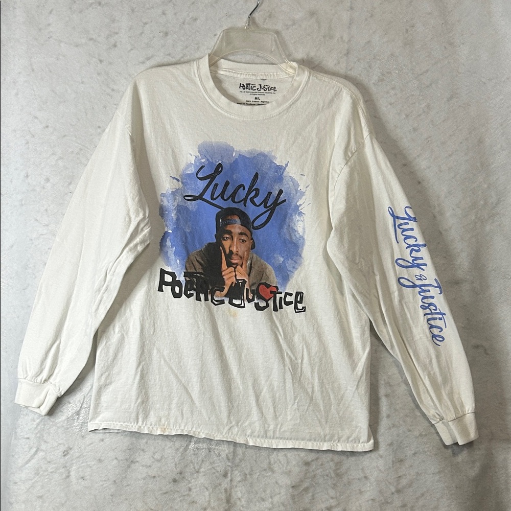Tupac Shakur Poetic Justice White Long Sleeve Crew Neck Tee Ribbed Cuffs SZ M/L